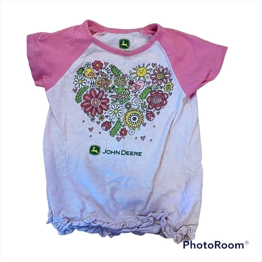 John Deere Heart Shirt 4T Pink Green Short Sleeve Girls Kids Toddler